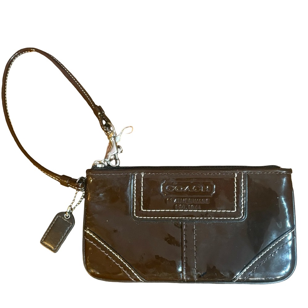 Coach Brown Patent Leather Wristlet Bag White Stitching Silver Hardware